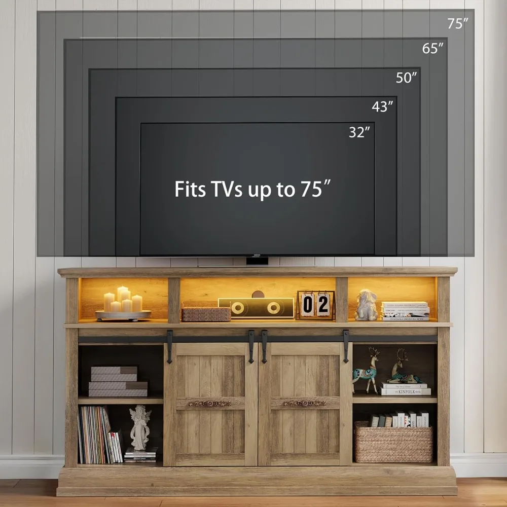 Rustykalny stojak pod telewizor 75 cali z przesuwanymi drzwiami w stylu stodoły, wysokie szafki RTV o wysokości 32 cali, konsola multimedialna z oświetleniem LED
