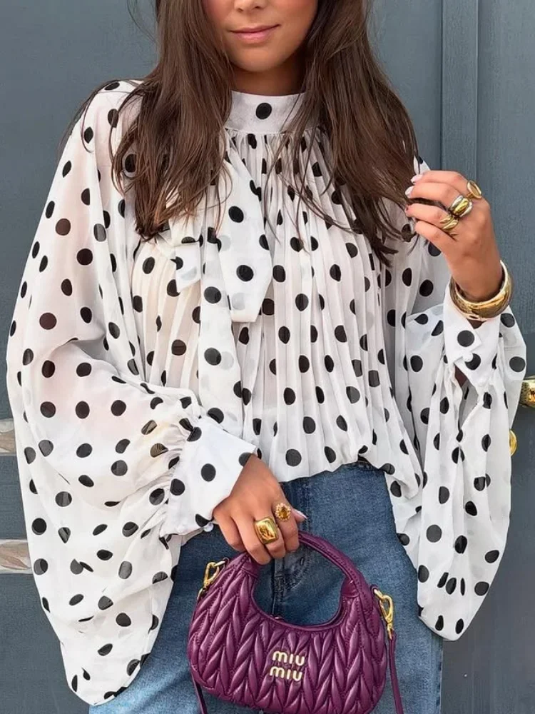 

Elegant Retro Polka Dot Lace Up Shirt Women Long Lantern Sleeve Hollow-out Translucent Loose Blouse 2026 New Daily Commute Top