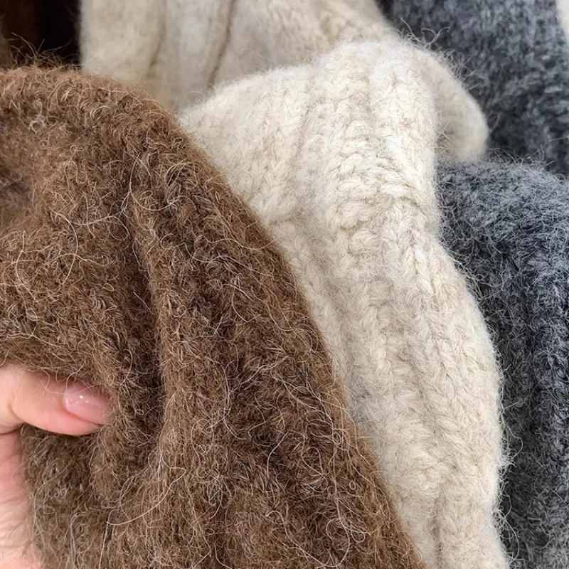 خريف شتاء جديد كسول نمط فضفاض محبوك المرأة سترة الرجعية الصلبة مزدوجة سستة بدوره إلى أسفل طوق سترة رشاقته فضفاض القمم