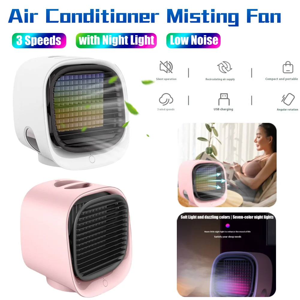 

New Summer Cooling Fan USB Mini Air Conditioner Water Misting Fan with Night Light Portable Desktop Humidifier for Home Office