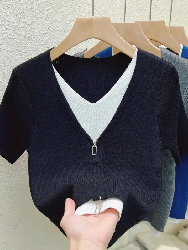 

Ladies Loose Thin ort Sve Knitted Top Zipper Design Summer New Sle Ele Temperament T-irt Korean Version Straight...