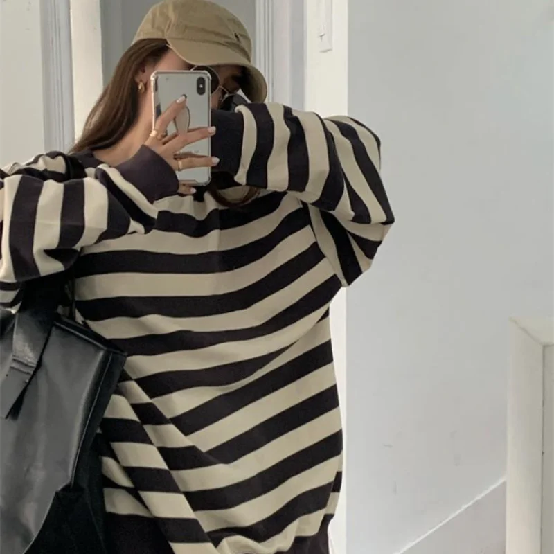 Striped Sweatshirts Women O-neck Loose Cozy Students Korean Preppy Style Fashion All-match Casual Sweet Sudaderas Hot Sale Chic