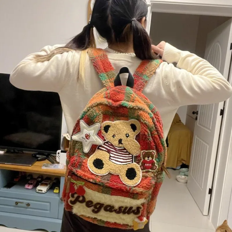 Cute Bear Aesthetic Lamb Plush Star Plaid Bags Y2k Millennium Cartoon Academy Style Casual Backpack Vintage Fashion Shoulder Bag