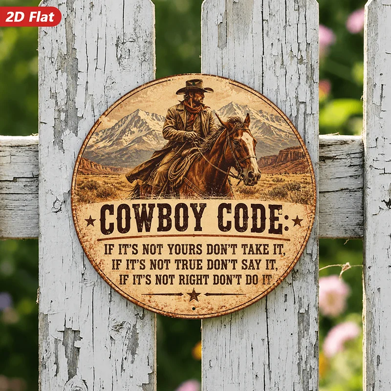 2D Flat, 1pc Western Cowboy Quote Round Metal Sign Wall Art, Home Decor, Cowboy On Horse, Mountain Backdrop, Suitable for Entryw