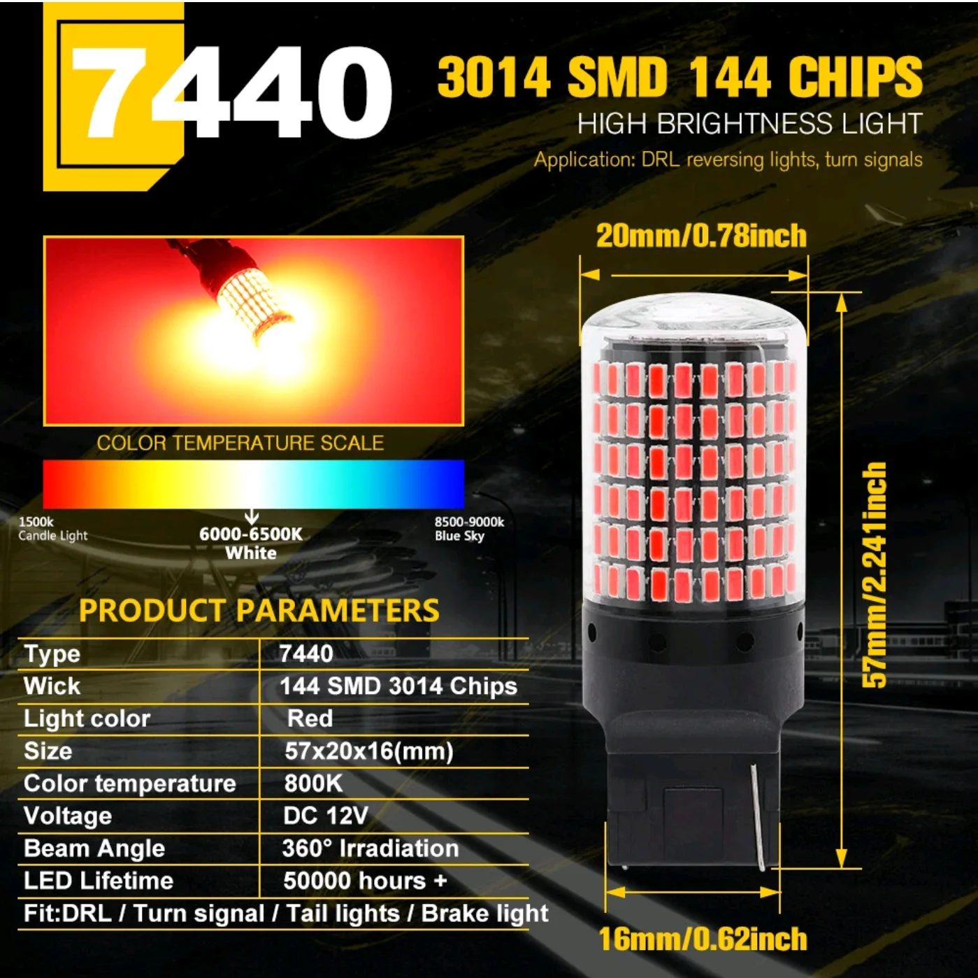 

2X Red 7440 T20 LED 144SMD Canbus Car Backup Lamp Brake Parking Tail Light Bulbs