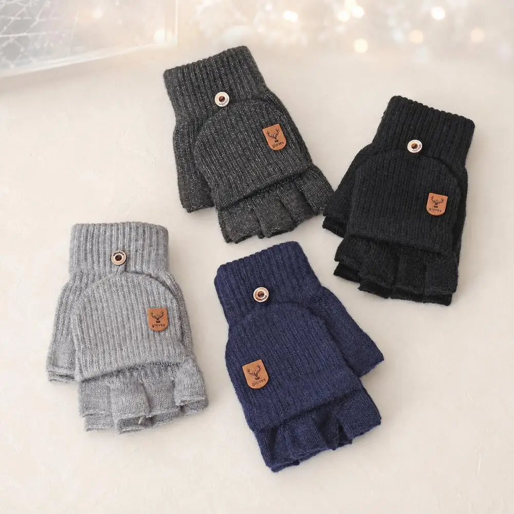 Casual Deer Patch Knit Fingerless Gloves Winter Thermal Half Finger Mittens Flip Cover Design for Daily Work Commute Unisex