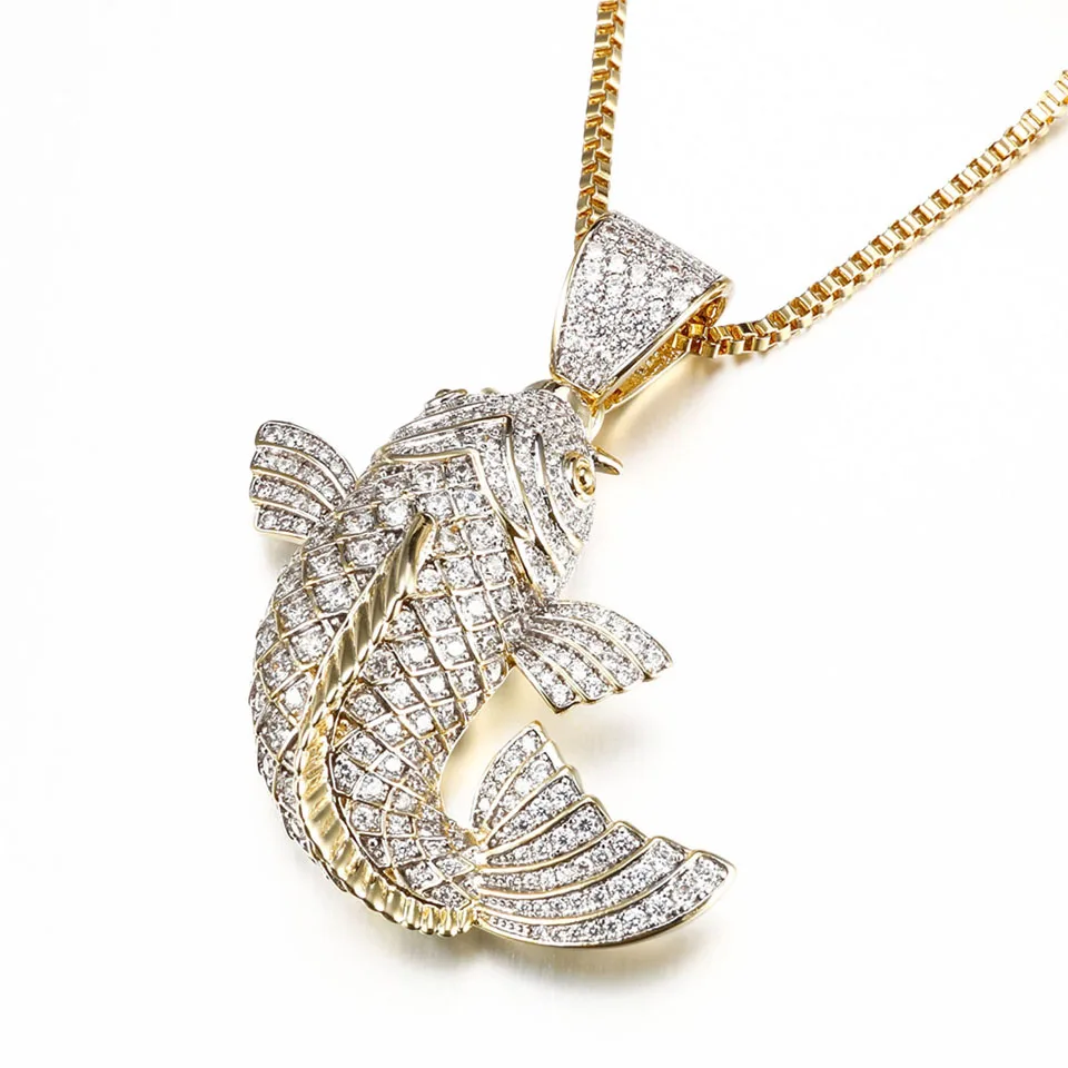 

VANAXIN Iced Out Carp Pendant Necklace for Men Women 14k Gold Plated Talismans Fish Gift Amulet Jewelry Accessories Luxury