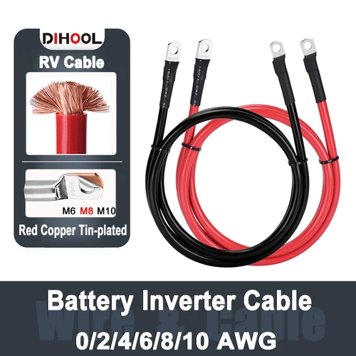 Juego de cables de conexión del inversor de batería con terminales 8/6/4/2 AWG 10/16/25/35mm2 Cable UPS trenzado núcleo de cobre rojo estañado Lug