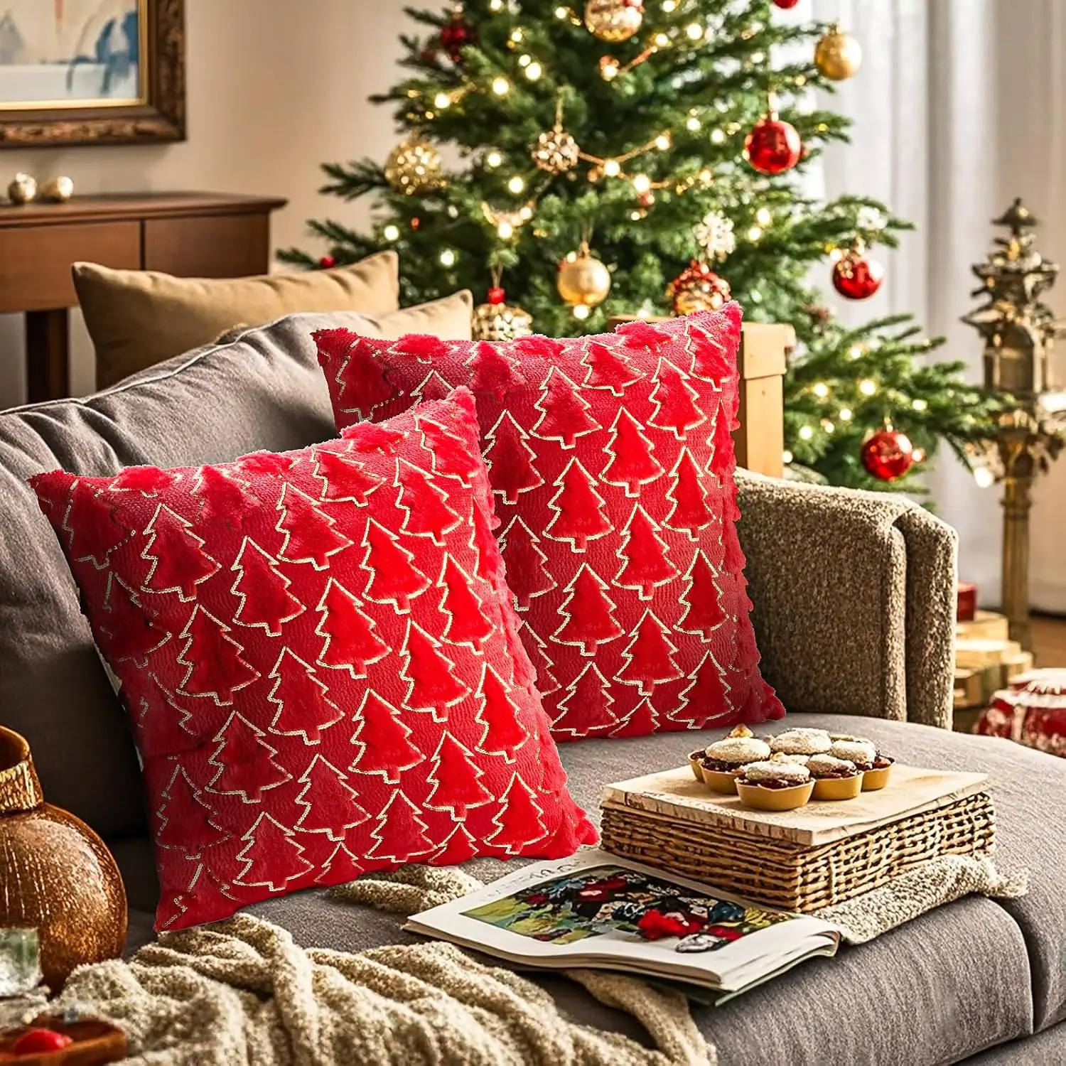 2pcs Christmas Decorations Throw Pillow Covers Soft Fluffy Cushion Covers for Home Décor Xmas Series Gift Cushion Pillowcase