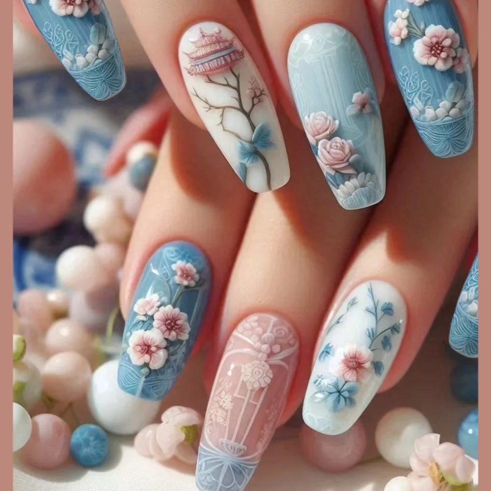 24pcs Mid-length Ballet False Nails Flower Design Stick on Fake Nail Fashion Square Blue Artifical Wearable Press on Nails Tips