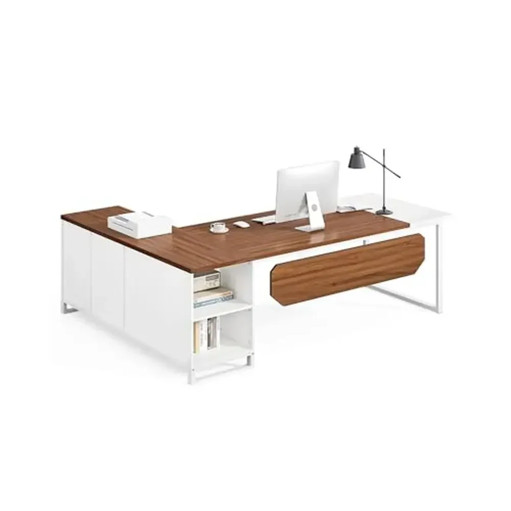 L Shaped Executive Desk Combo with File Cabinet Modern Design Spacious Workstation and Storage Shelves Walnut/White Finish