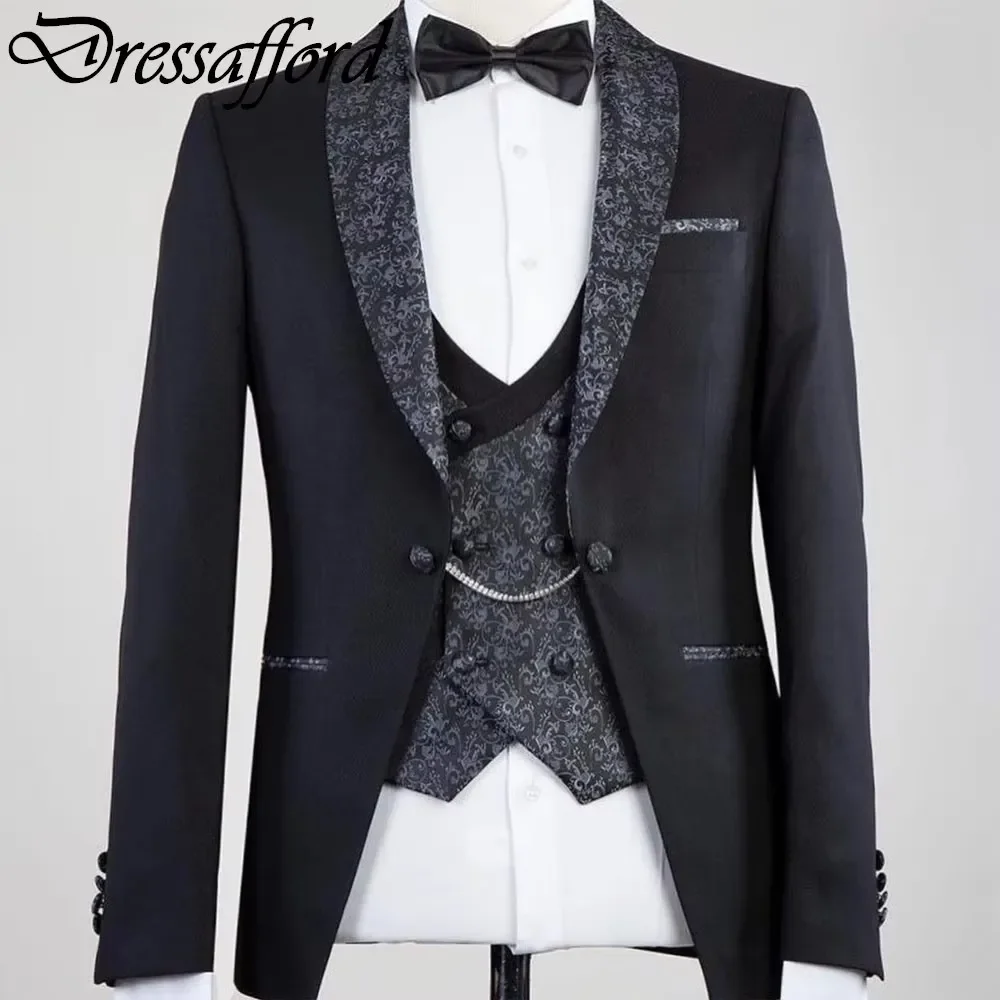 2024 Printing Montage Men Suits Three Pieces Formal Party Blazer Groom Wear ( Jacket + Vest + Pants )