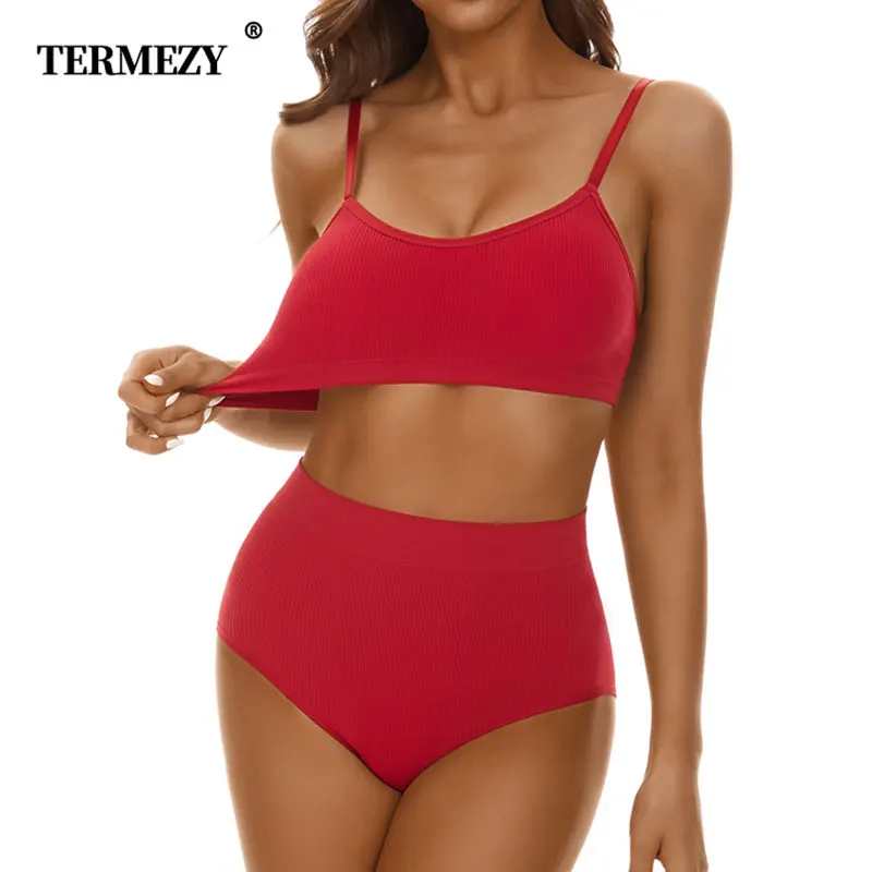 TERMEZY Seamless Bra Set for Women Sexy High Waist Panties Wire Free Bralette Soft Lingerie Set Backless Female Underwear Set