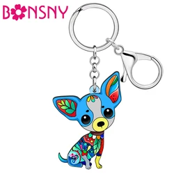 BONSNY Cartoon Blue Chihuahua Doggy Puppy Key Chains Key Ring For Women Kid Charm Backpack Purse Keychain Gifts Accessories