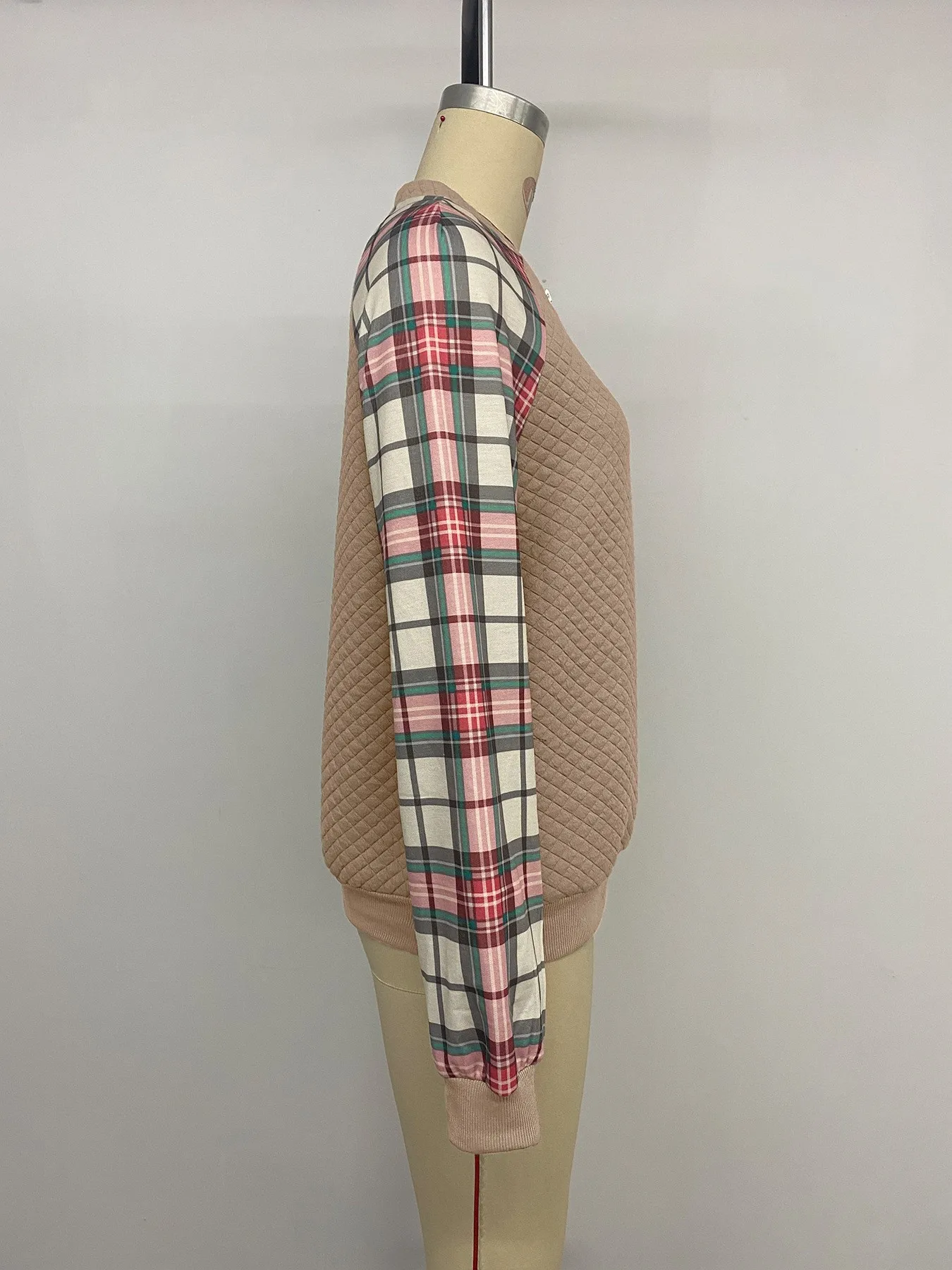 Plaid Patchwork Sweatshirt Loose Fit Literary Retro with Regular Length Autumn Striped Standard Thickness Crew Neck Women Hoodie