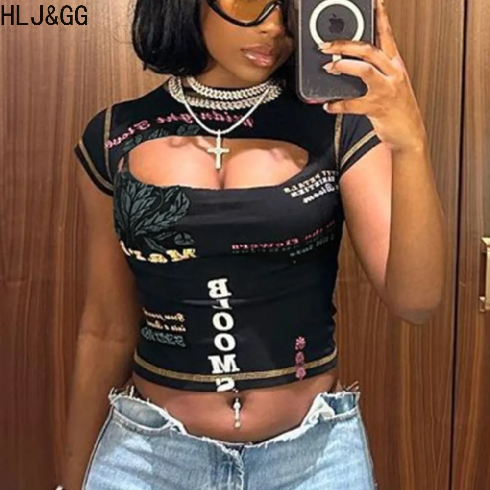 

HLJ&GG Sexy Y2K Hollow Out Letter Printing Crop Tops Women Round Neck Short Sleeve Slim Tshirts Fashion Hot Girl Streetwear 2024