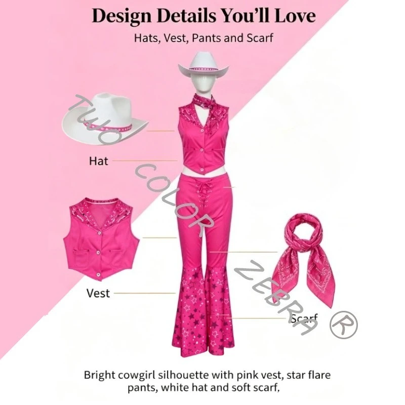 Movie Pink Barbiecore Princess Cowgirl Cosplay Costume Western Outfit with Hat Vest Pants Scarf for Halloween Stage Performance view 2