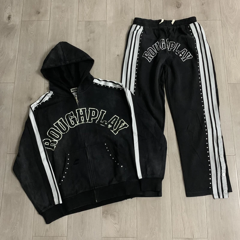 New Vintage Washed Hoodie ROUGHPLAY Letter Rivet Zip Up Jacket Striped Y2K Streetwear Hooded Sweatshirt