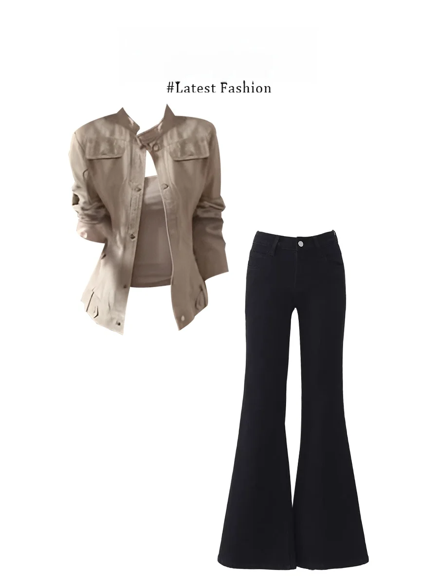

Retro Style Jacket Outerwear Women's Inner Wear Three-Piece Set Autumn Black Wide Leg Pants Casual Fashion Ensemble