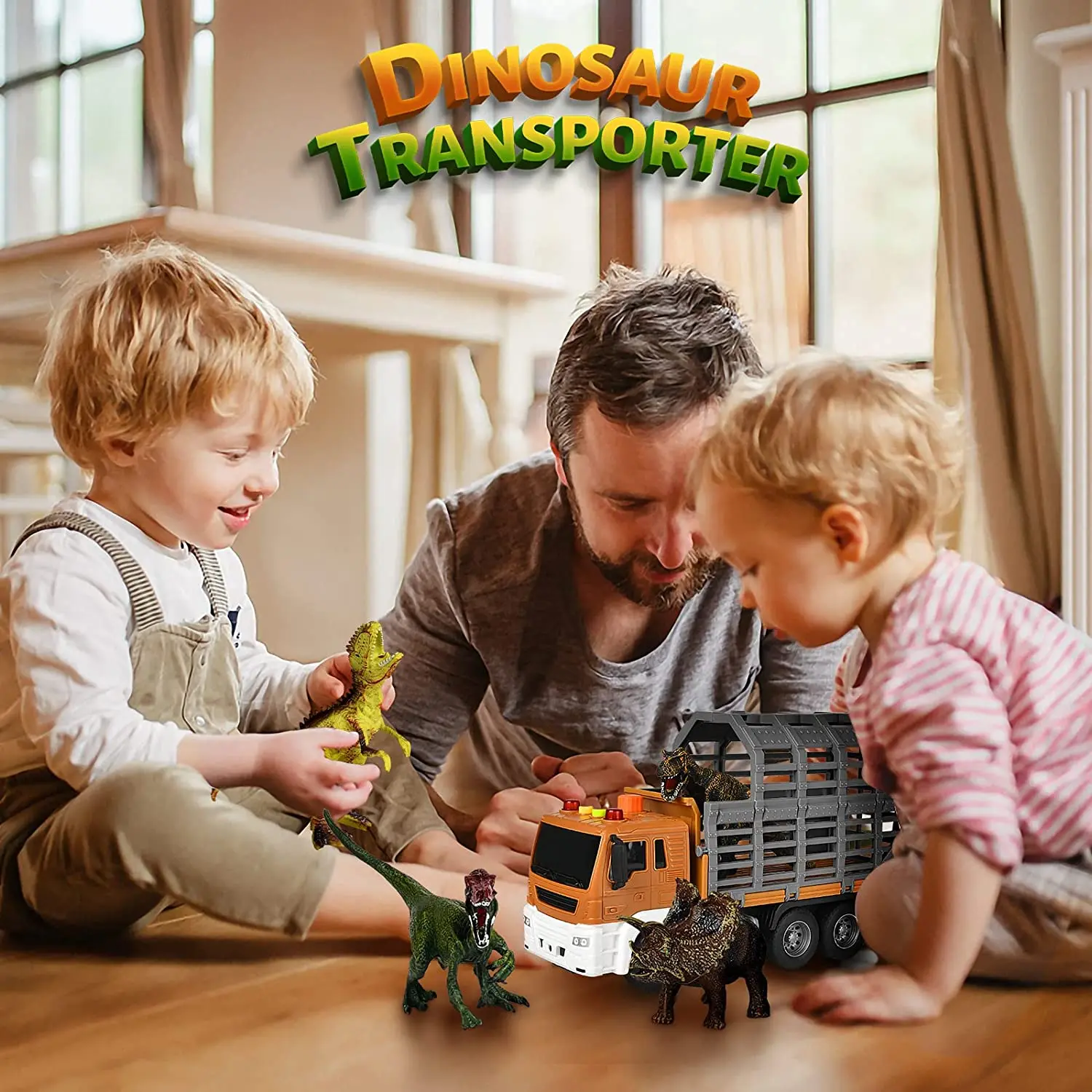 Dinosaur Dump Truck with cage Sound and Light Toy Trucks with 4 Dinosaurs Friction-Powered Toy Truck