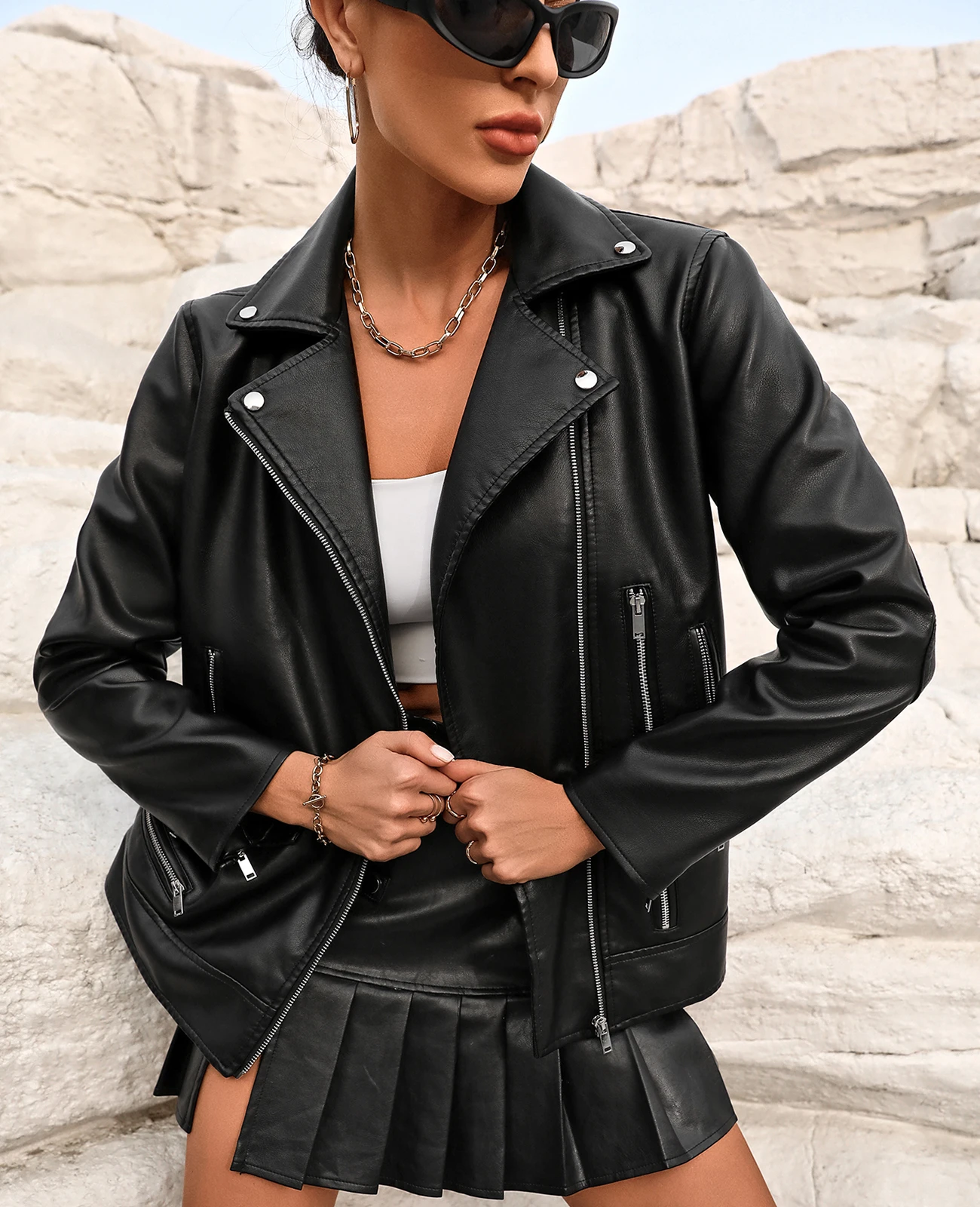 FTLZZ Blouson en similicuir PU femme, vintage, décontracté, avec fermeture éclair à revers, pour motard