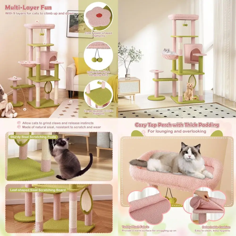 

58 High Pink Floral Cat Tower with Plush Top, Hammock, Condo, Scratching Posts, and Toys