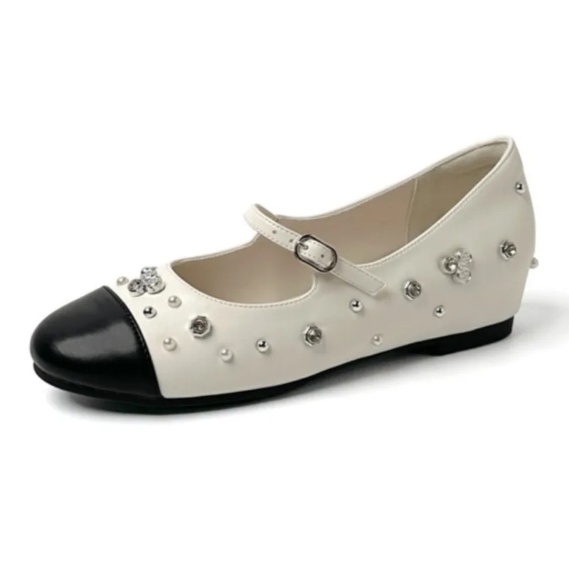 

Luxury Rhinestone Decorated Designer Low Heel Pumps Women Fashion Round Toe Narrow Buckle Mary Jane Shoe Light Soft Sole Loafers