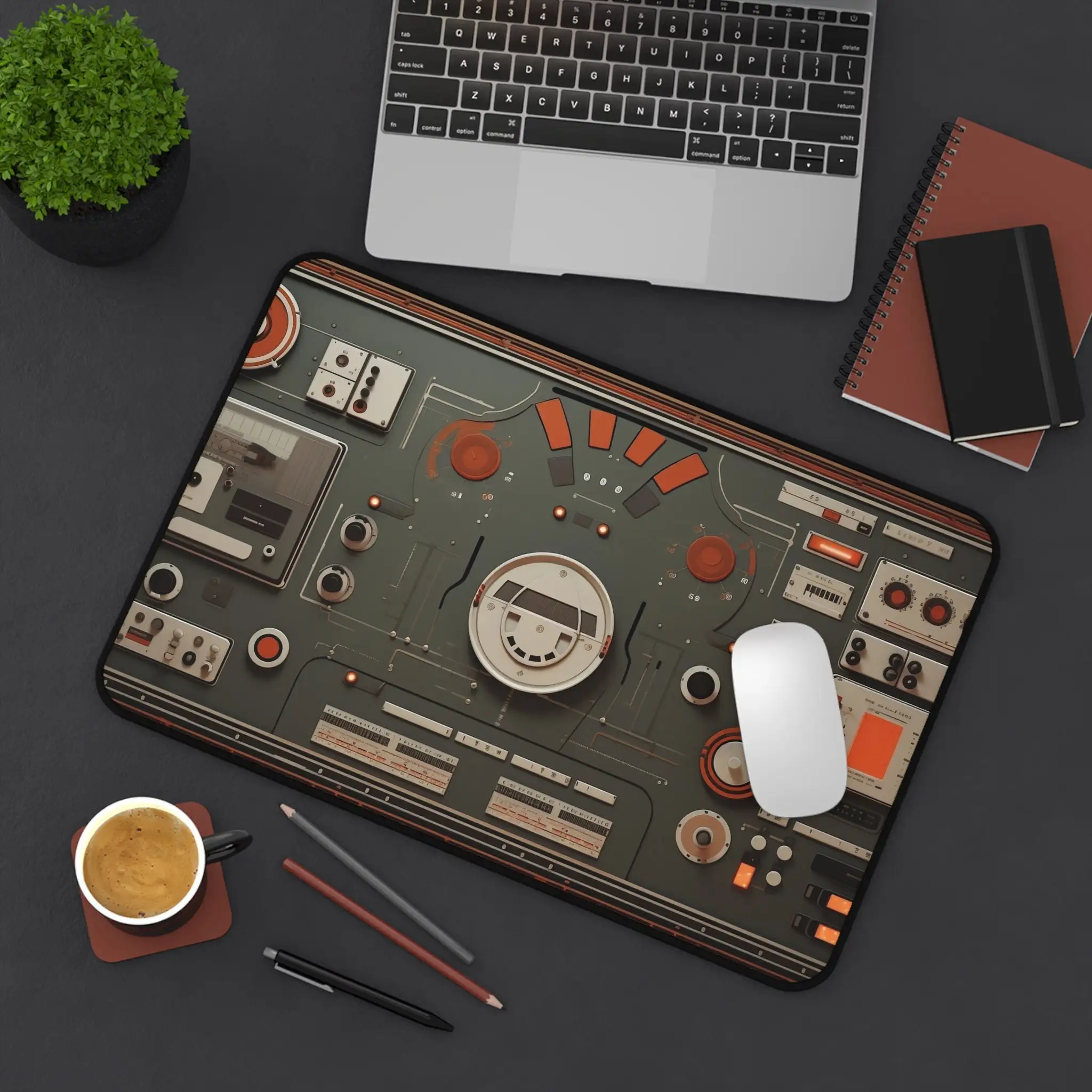 لوحة تحكم سفينة الفضاء الرجعية Deskmat XXL Mousepad، وسادات ماوس ألعاب الخيال العلمي غير قابلة للانزلاق، ديكور سطح المكتب باللون البرتقالي والرمادي العتيق