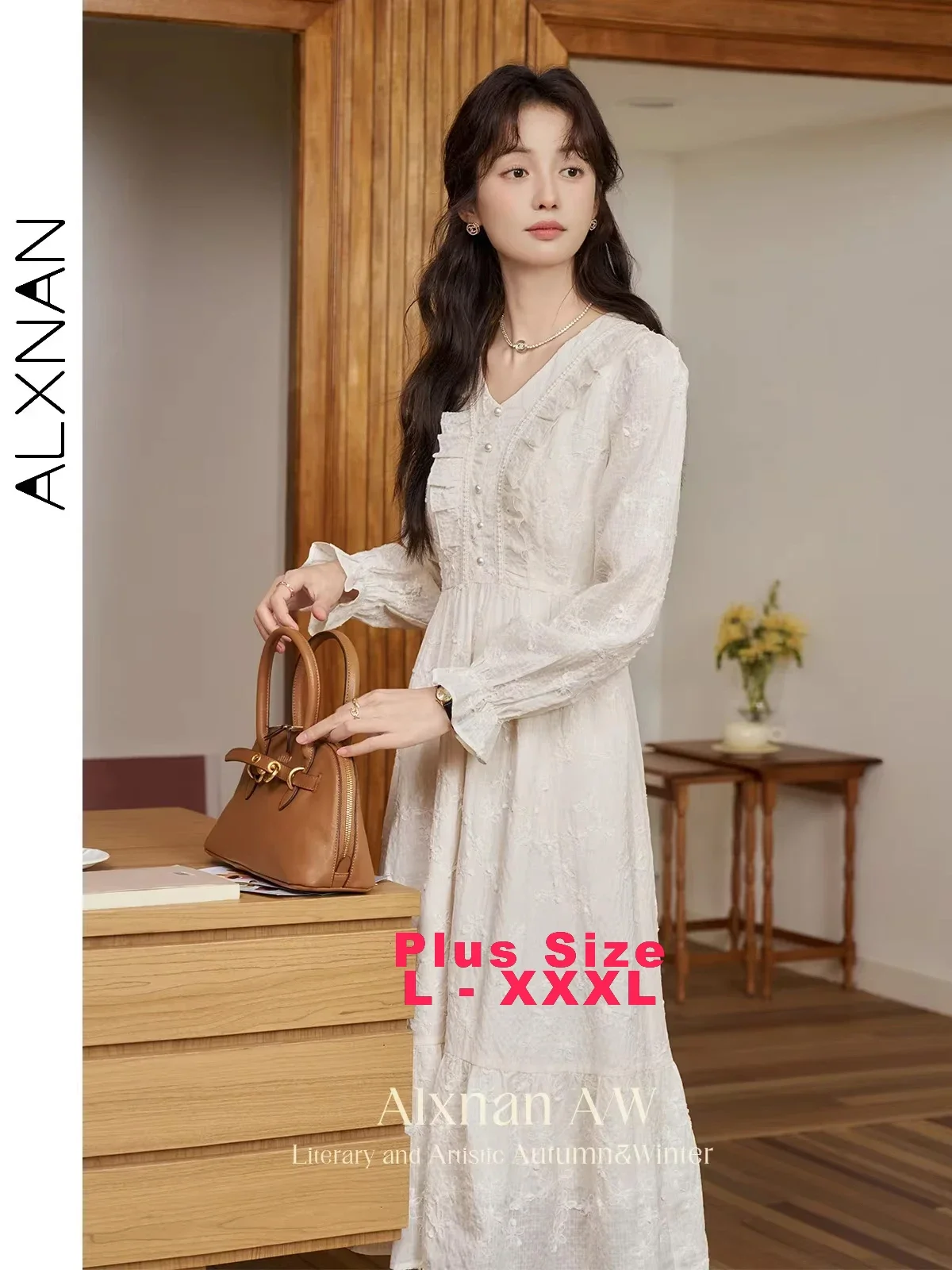 

ALXNAN French Plus Size Dresses for Women Classic V-neck Elastic Flounce Edge Cuff and Hem Pearl Button Lady Fall Clothes D06918