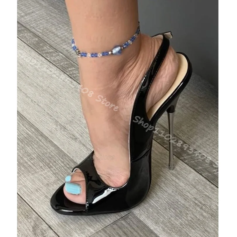 

Black Metal Heels Sandals Peep Toe Patent Leather British Style Solid Shoes Summer Party Dress Sandals 2024 Zapatos Para Mujere