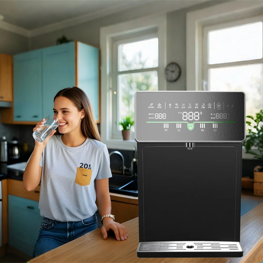 Vamia Plastic Electric Portable Water Purifier Machine Countertop Movable UV RO Treatment Container Alkaline Filter System