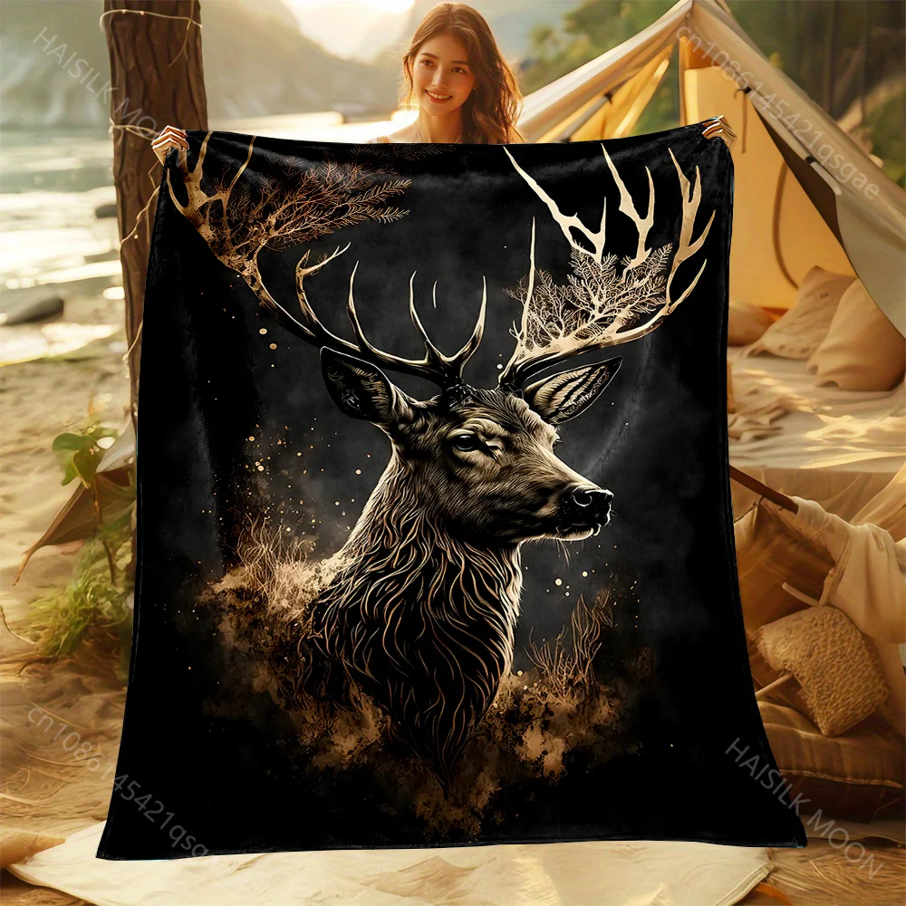 1PC Deer with golden antlers Print Adult Children Warm Blankets Home Travel Car Soft and Comfortable Suitable for all seasons