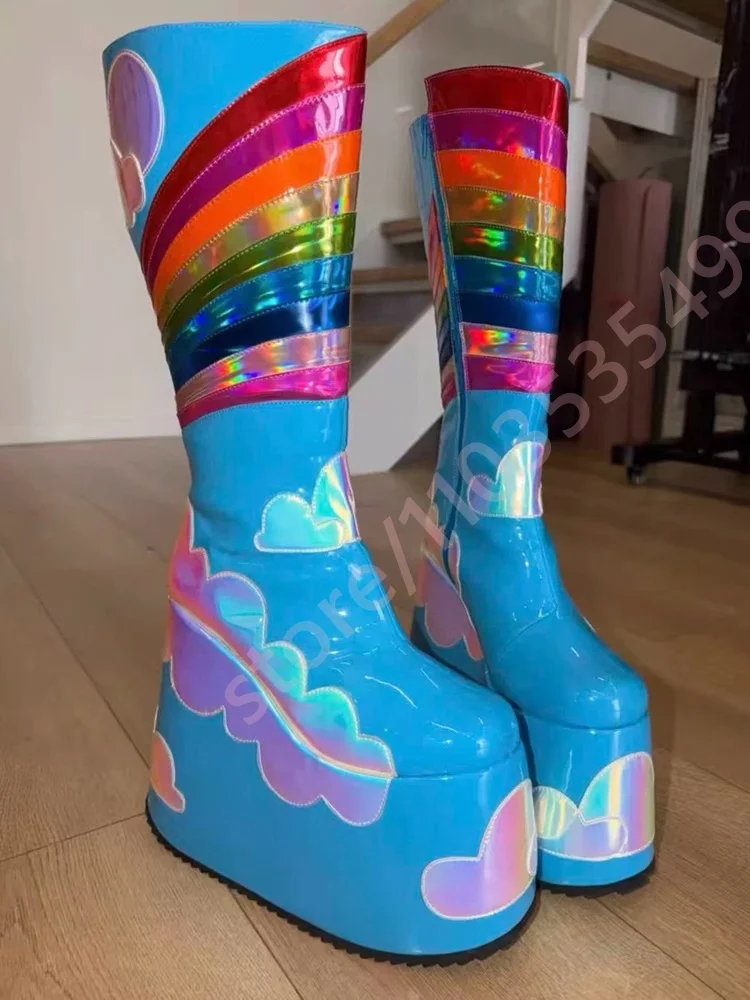 2026 New Punk Blue Rainbow Cloud Platform Knee High Boots for Women Side Zip Extreme Wedge Heel Y2K Rave Cosplay Festival Boots