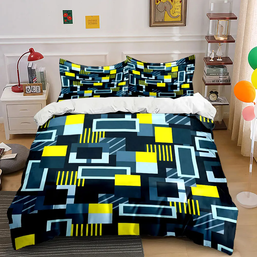 Geometric Rectangular Patchwork Pattern Printed Duvet Cover Set1 Duvet Cover+2 PillowcaseMulti Size Bedroom Bedding Decoration