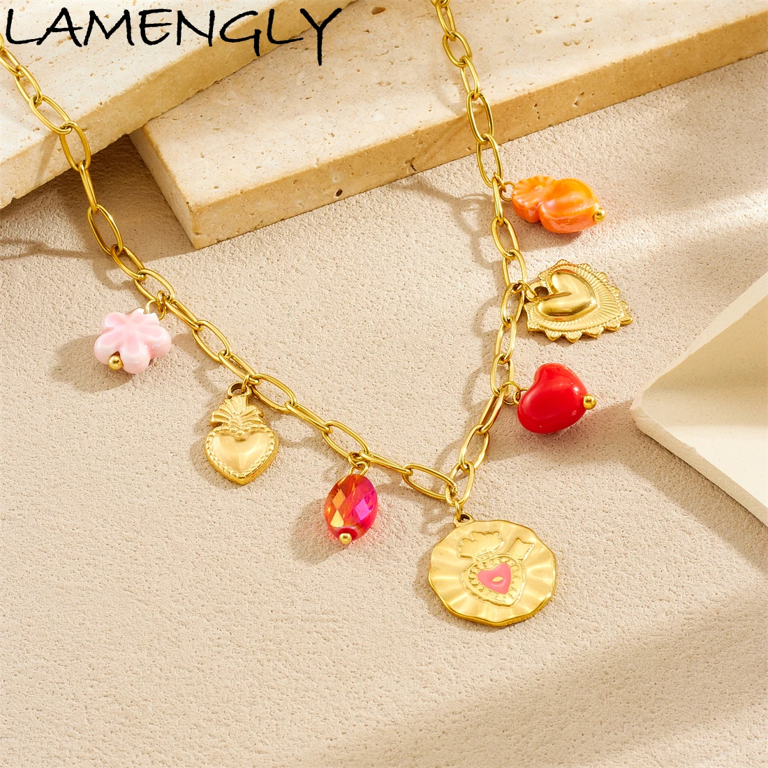 

LAMENGLY 316L Stainless Steel Multi-Color Flower Heart Pineapple Disc Pendant Necklace Women Creative Novel Neck Chain jewelry