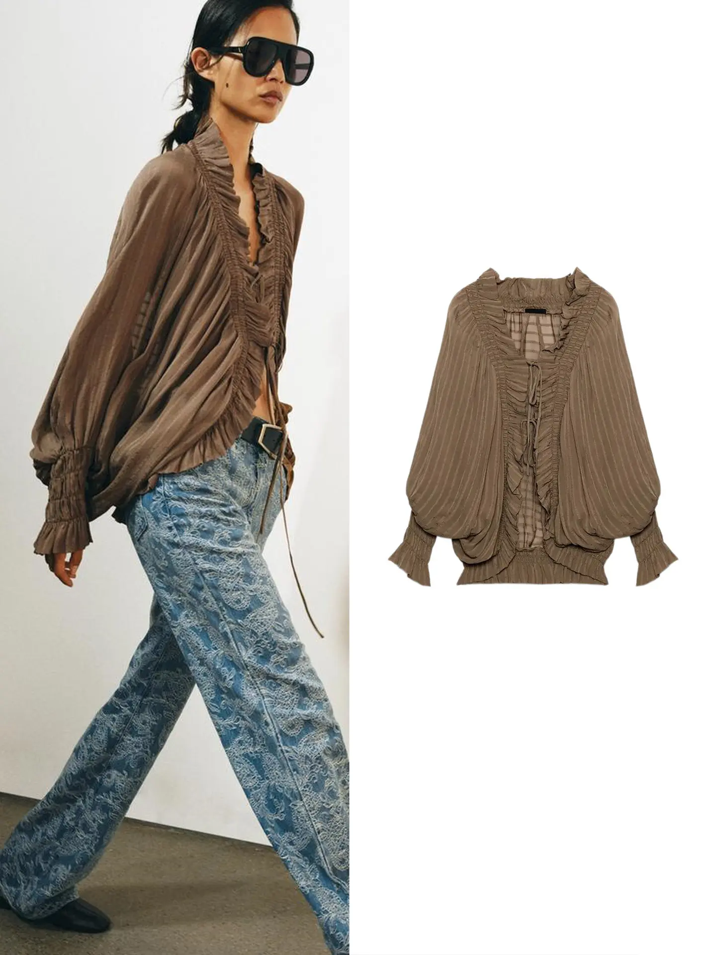 Autumn New Arrival Women's Long Sleeve V-Neck Asymmetric Hem Pleated Shirt Button Detail Drapey Polyester Commute Style Loose...