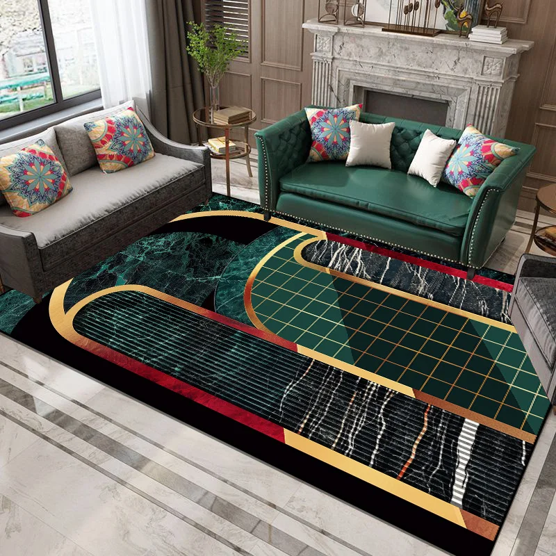 Luxury Dark Green Decorative Rug for Living Room Golden Edge Marble Parlor Carpet Large Non-slip Easy Cleaning Entrance Door Mat