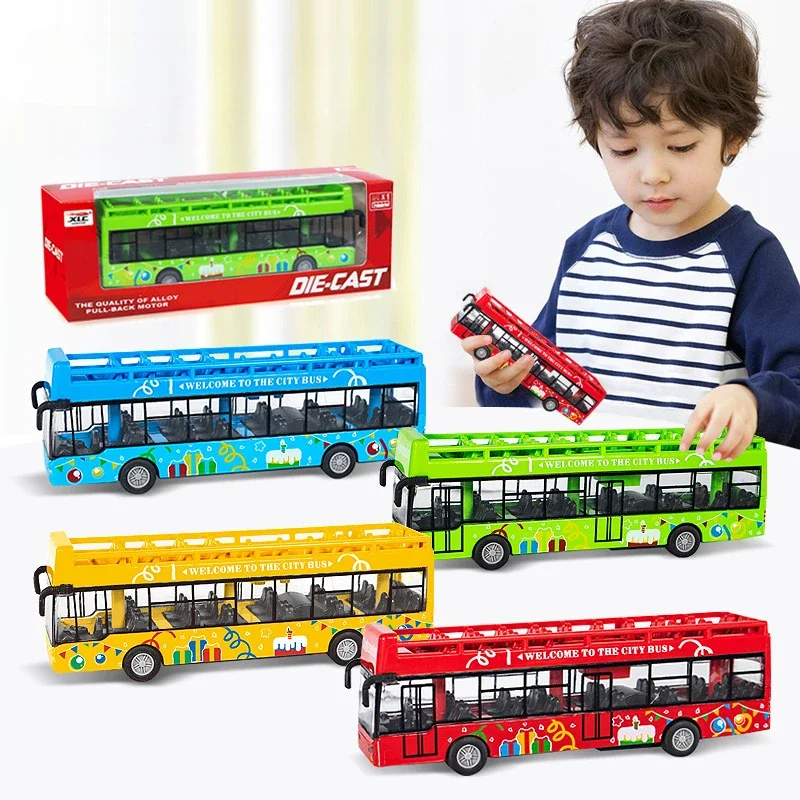 Children's 1:64 Alloy Car Model Buss Toy Car Open Top Buss Model Pull-Back Bus Inertia Cars City Tour Bus ABS Cars Model Toys