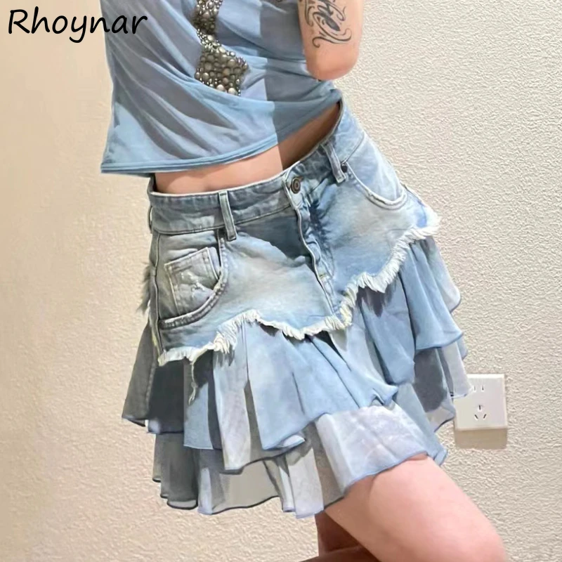 Denim Sexy Skirts Women Mini Tiered Bleached Summer High Waist Girlish Vintage American Style Y2k Hip Hop Young Harajuku Street