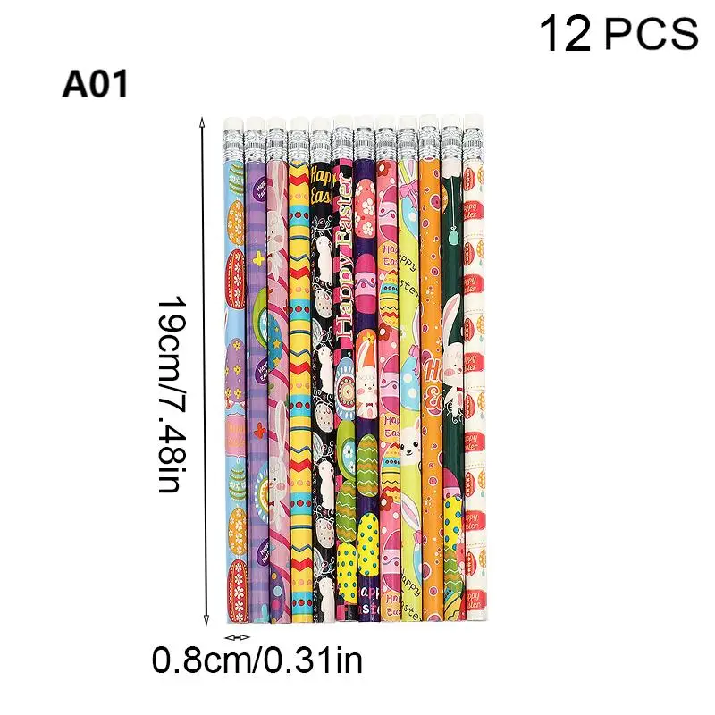 12Pcs Easter Cartoon Rabbit Egg Pattern Pencil With Eraser Happy Easter HB Writing Pencils Kids School Stationery Gifts Favor