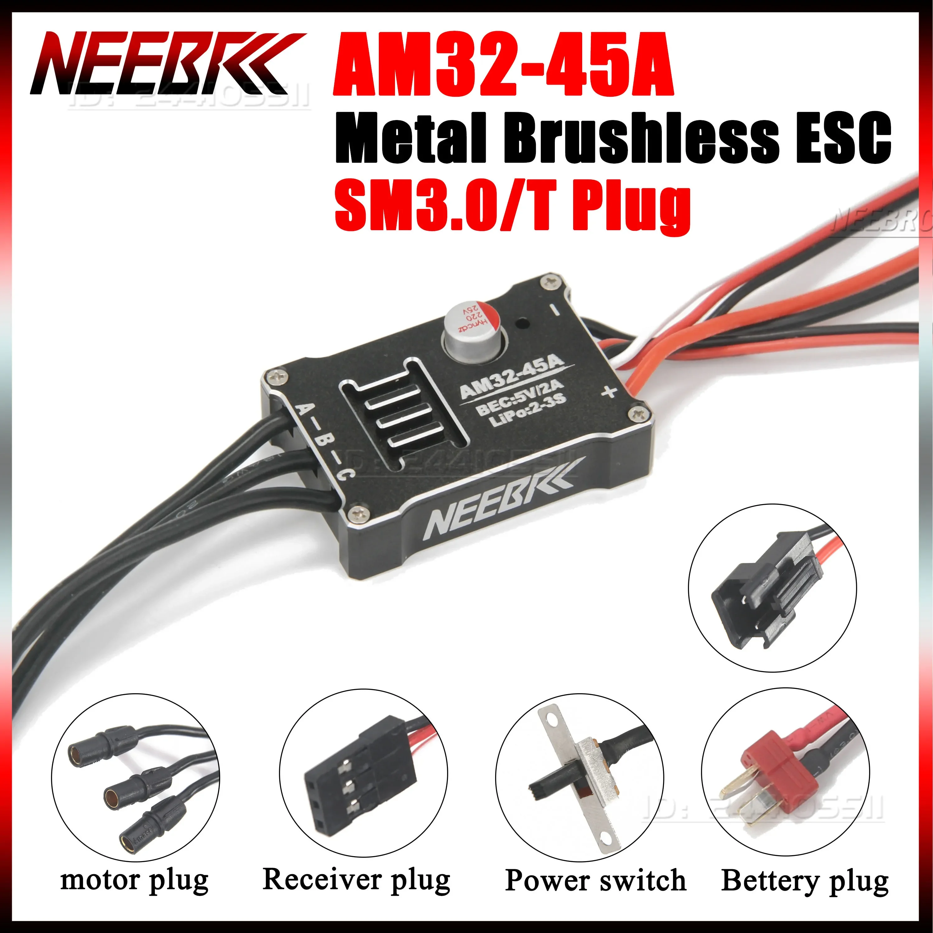 NEEBRC AM32-45A Bürstenloses Metallgehäuse Wasserdichter ESC SM3.0/T-Stecker für 1:18/1:12 RC-Autos Klettern Geländewagen-Upgrade-Teile