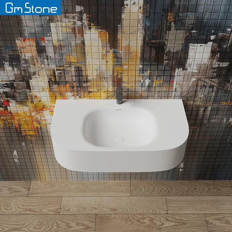 Picture 6: Modern Single-hole Faucet Mount Wall-Hung Rectangular Bathroom Wash Basin Solid Surface Stone Eco-Friendly Easy Clean 1 Sink