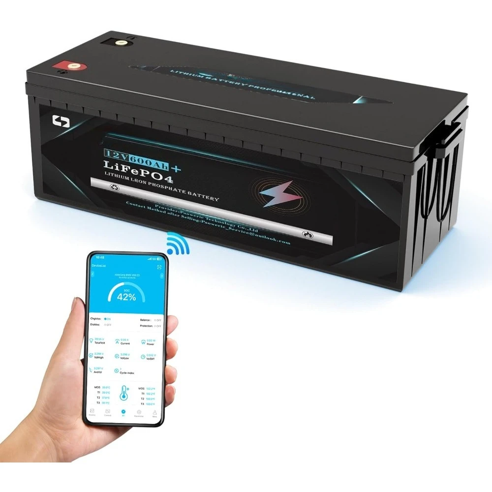 

12V 600Ah LiFePO4 Battery with Smart 300A BMS, Max. 3840W Power, 10000+ Cycles, 10-Year Lifespan, Compact Lithium Iron Phosphate