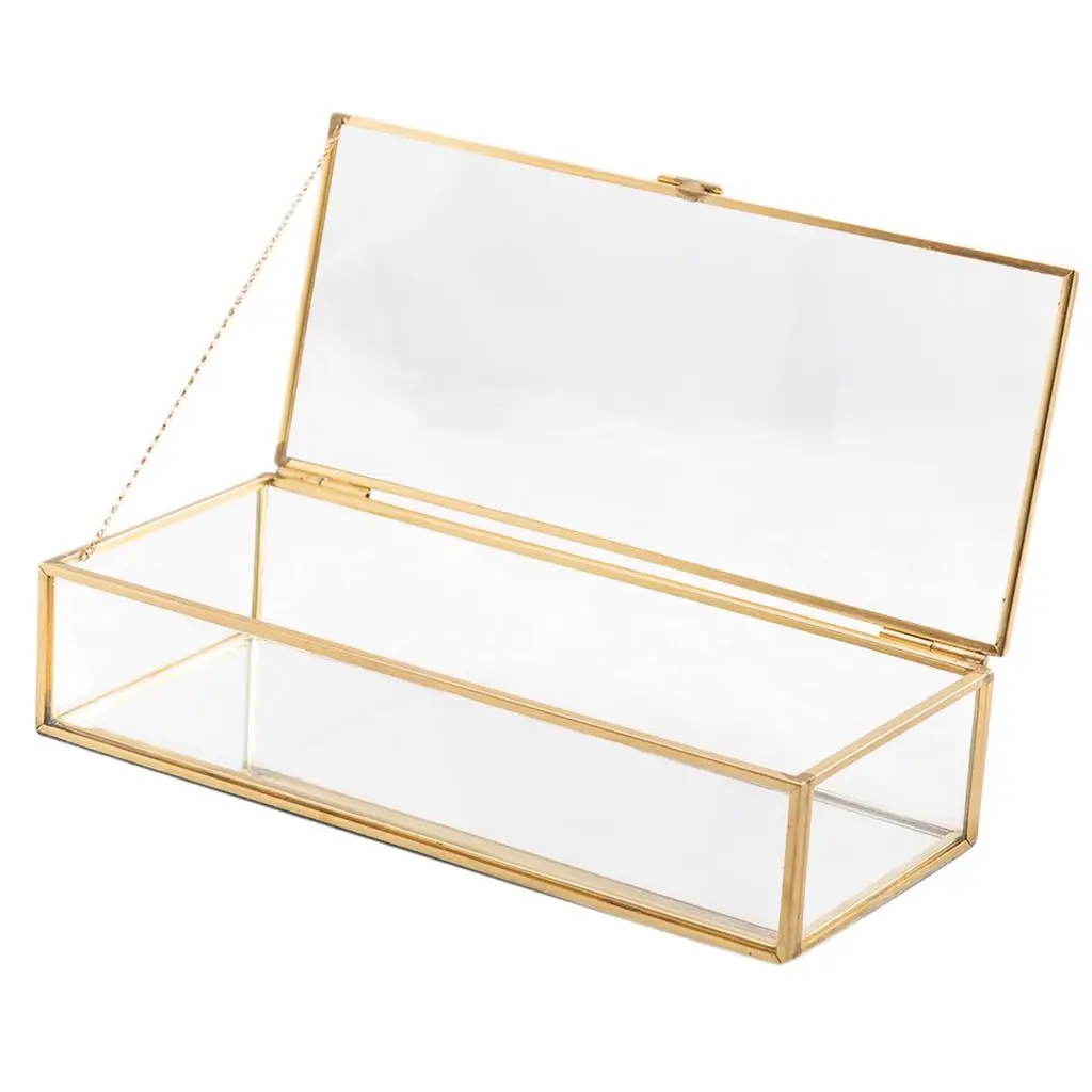 Nordic Retro Golden Trim Geometry Jewelry Trinket Glass Box Case with Cover