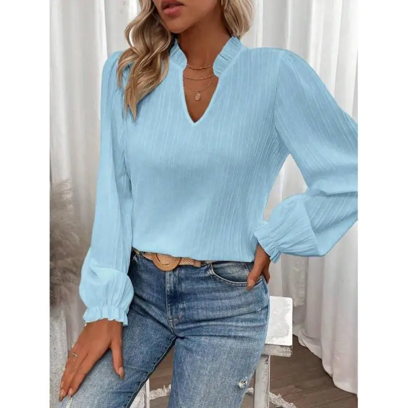 

V-Ne Long Sve Floral Patterned irt Ele Women's Faion Cross-Border U 35668 Sle Polyester Fabric Blouse