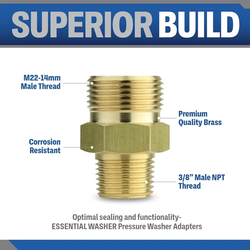 Brass Pressure Washer Coupling Adapter M22-14mm Male to 3/8 and 1/4 Male Thread External Pipe Hex Nipple Fitting 4500 PSI