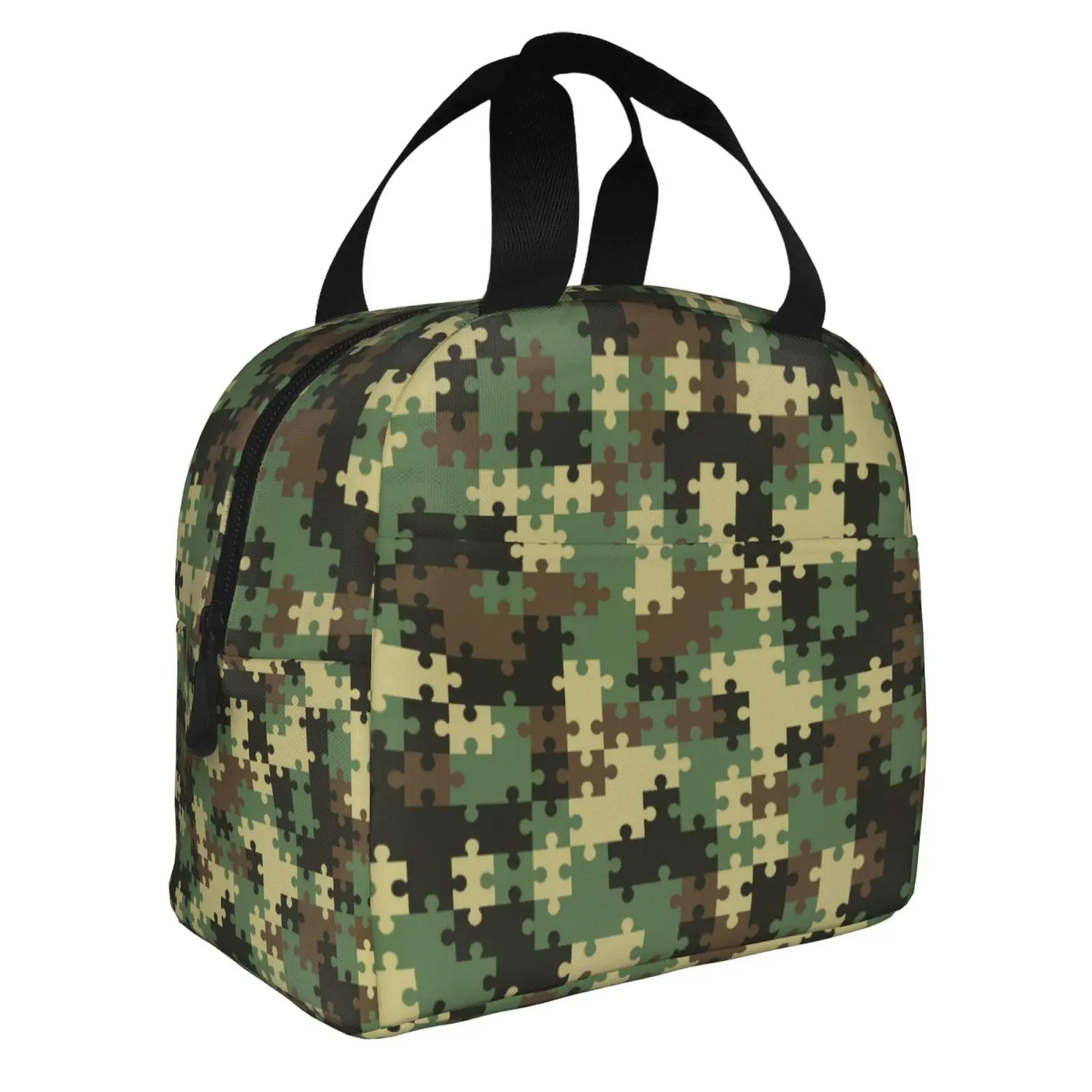 Military Green Camouflage Puzzle Print Lunch Tote Bag Insulated Leakproof Lunch Box Container with Front Pocket for Girls Boys