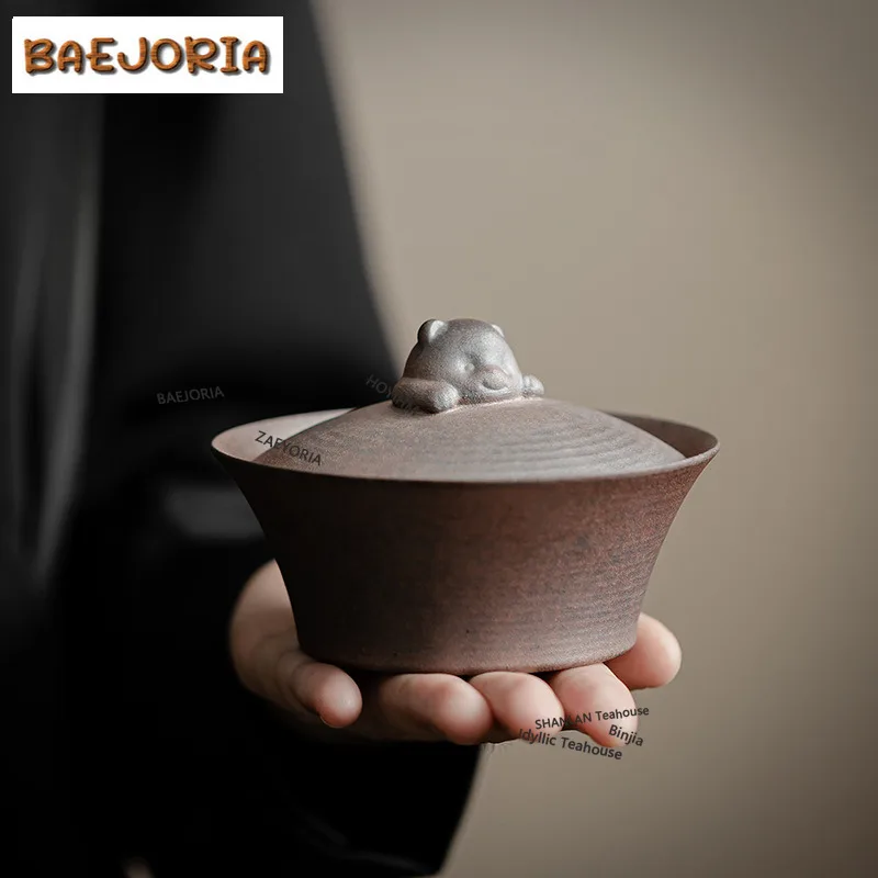 BAEJORIA 140ML Handmade Coarse Pottery Gaiwan Retro Old Rock Mud Little Bear Tea Tureen Tea Brewing Cover Bowl Tea Accessories