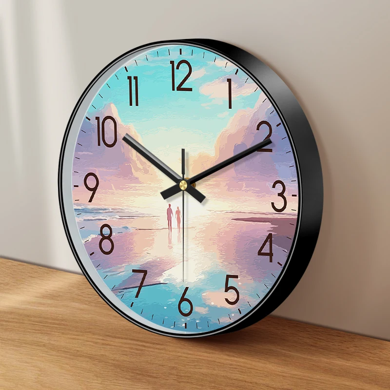 Romantische Wanduhr Strand-Sonnenuntergang-Paar Geräuschlose Nicht-Tickende Küstenlandschaft Kunst-Uhr für Wohnzimmer Schlafzimmer Heim-Dekoration