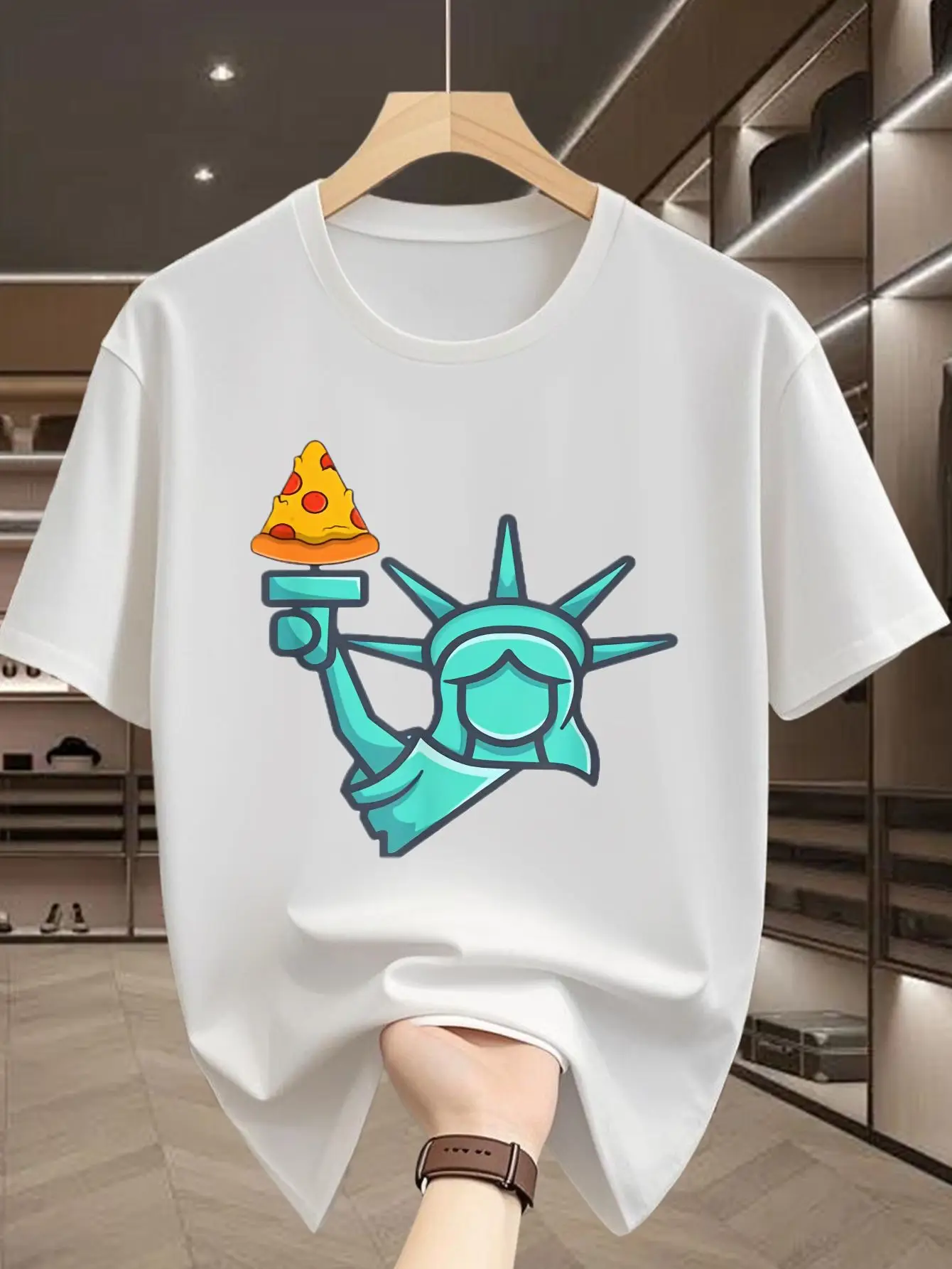 Funny Liberty Statue With Pizza Slice Print Mens Short Sleeve Tshirt Crew Neck Food Humor Casual Outdoor Daily Comfort Wear